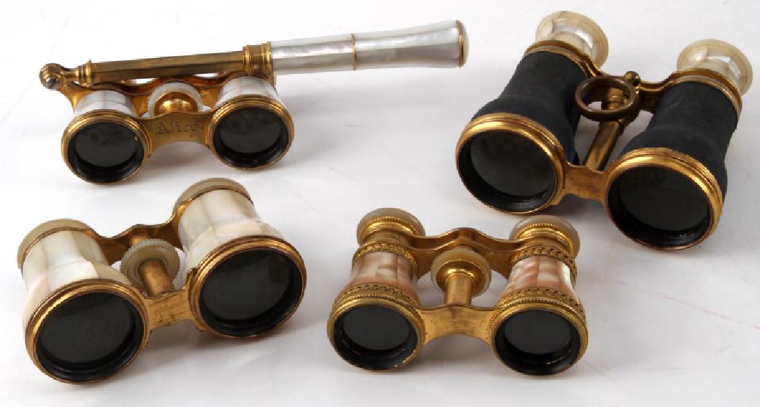 4 ANTIQUE MOTHER OF PEARL OPERA HOUSE GLASSES LOT: Includes: Geo. T. Brodnax brass & Mother of Pearl binoculars with handle (Memphis, TN - inscribed with the name "Alice", a little chipping and tiny dent around lens), T.H. Guion brass & Mother of Pear