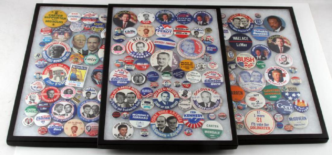 VINTAGE & NEWER PRESIDENTIAL CAMPAIGN BUTTON LOT: Large lot includes: "Reagan-Bush in '80: Let's Make America Great Again", "Dukakis/Bentsen '88", "Buddhists for Gore - 2000", "Gary Hart '88", "Warren", "Wallace/LeMay", "Democrat for Nixon Lodge", "R