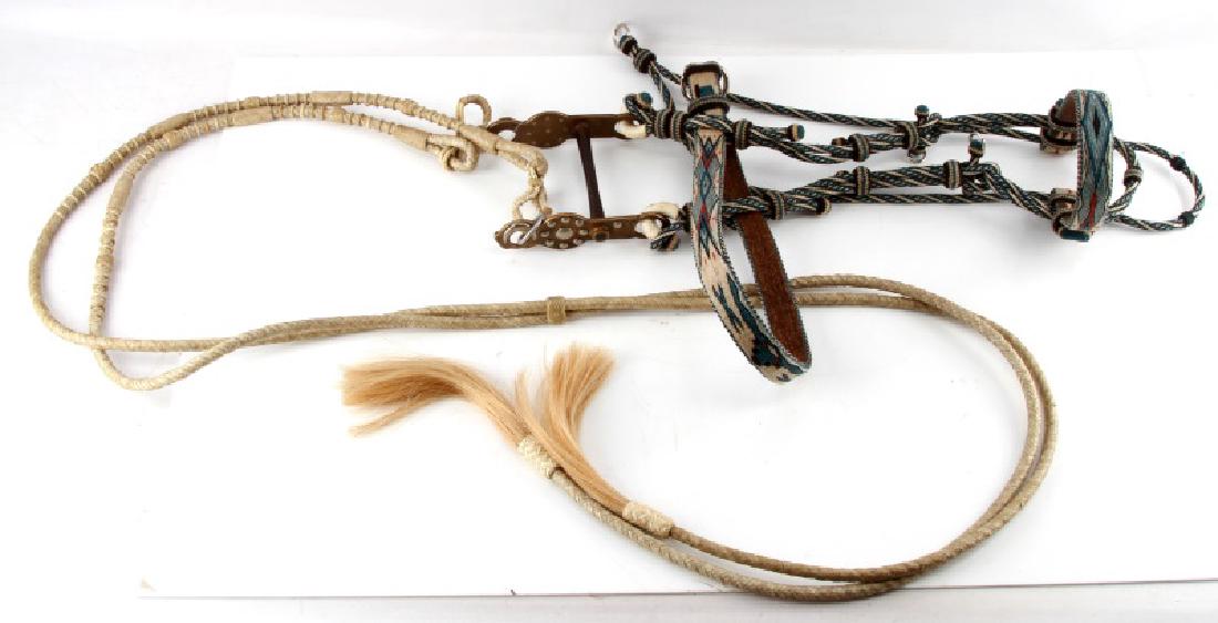 DEER LODGE MT. PRISONER MADE BRIDLE & REINS: Stunner, dates probably 1960's to 1970's, horsehair bridle and rawhide reins. Handle to bit measures 22.5 inches. This lot has a reserve.
