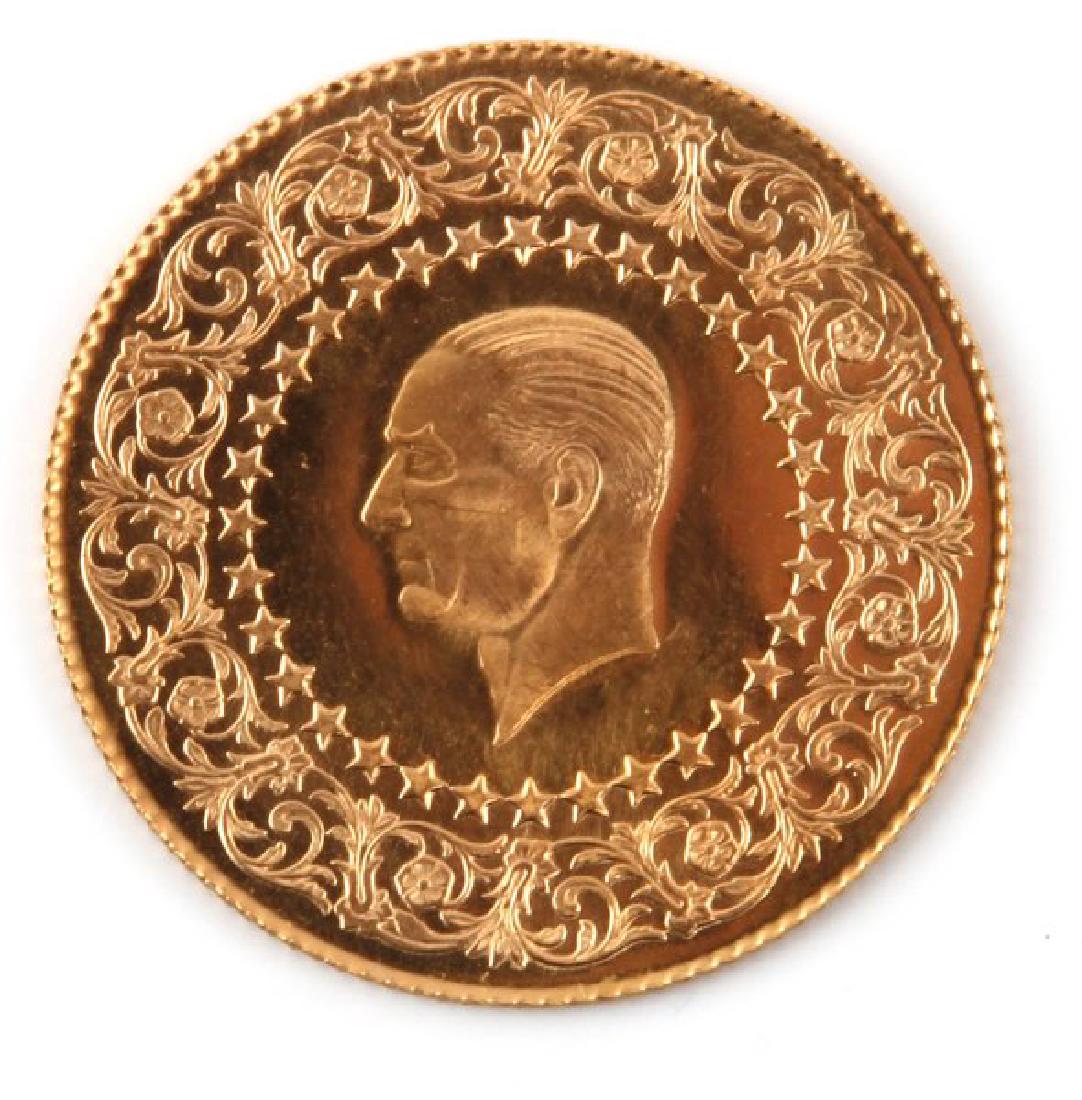 1962 TURKEY GOLD 100 KURUSH COIN UNCIRCULATED: Turkish 1962 Gold 100 KURUSH, KM-872. Weight 0.2068 ounce. Monnale de Luxe. Brilliant Uncirculated.
