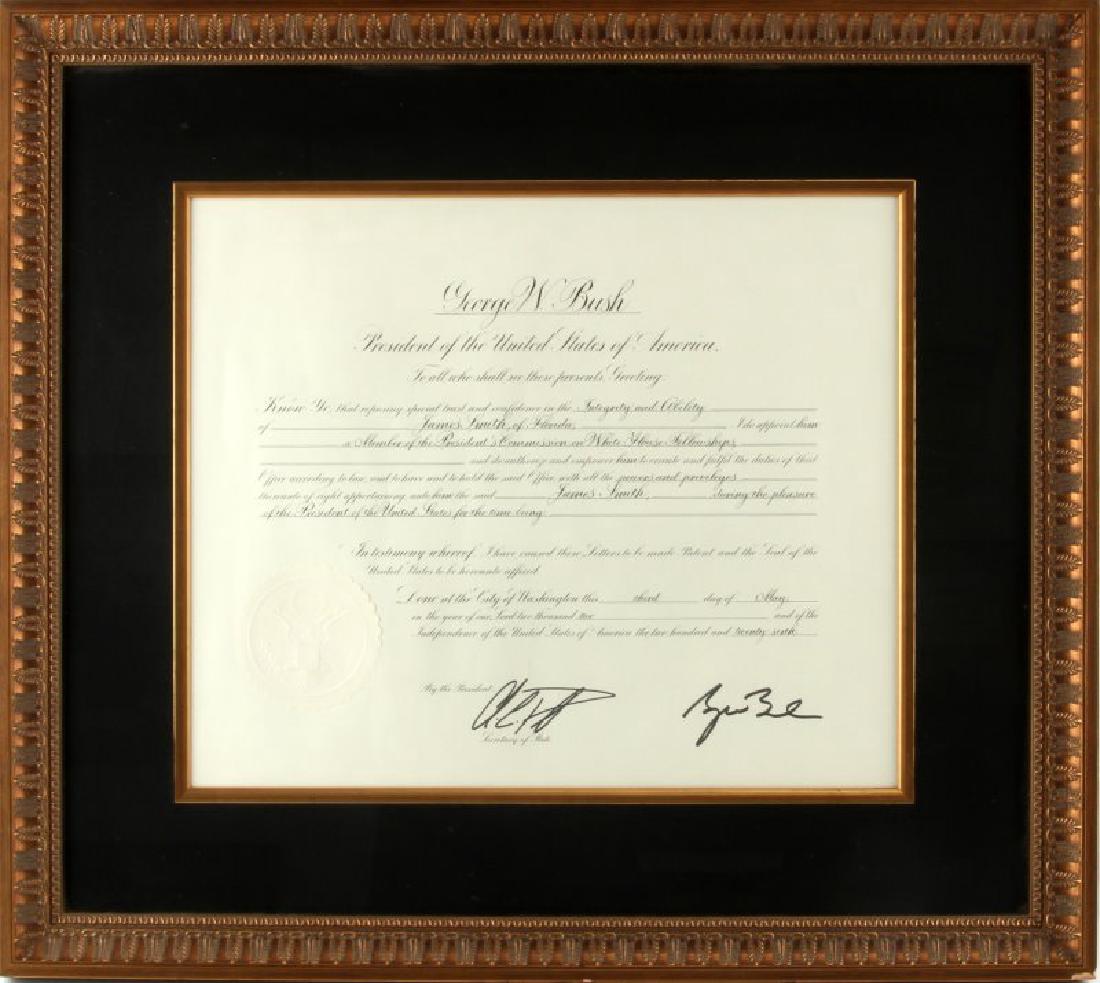 PRESIDENTIAL CITATION SIGNED BY BUSH & POWELL: Framed and matted Presidential citation of "Integrity and Ability" hand signed by then-president George W. Bush and Secretary of State Colin Powell. Document is addressed to "James Smith, of Florida"