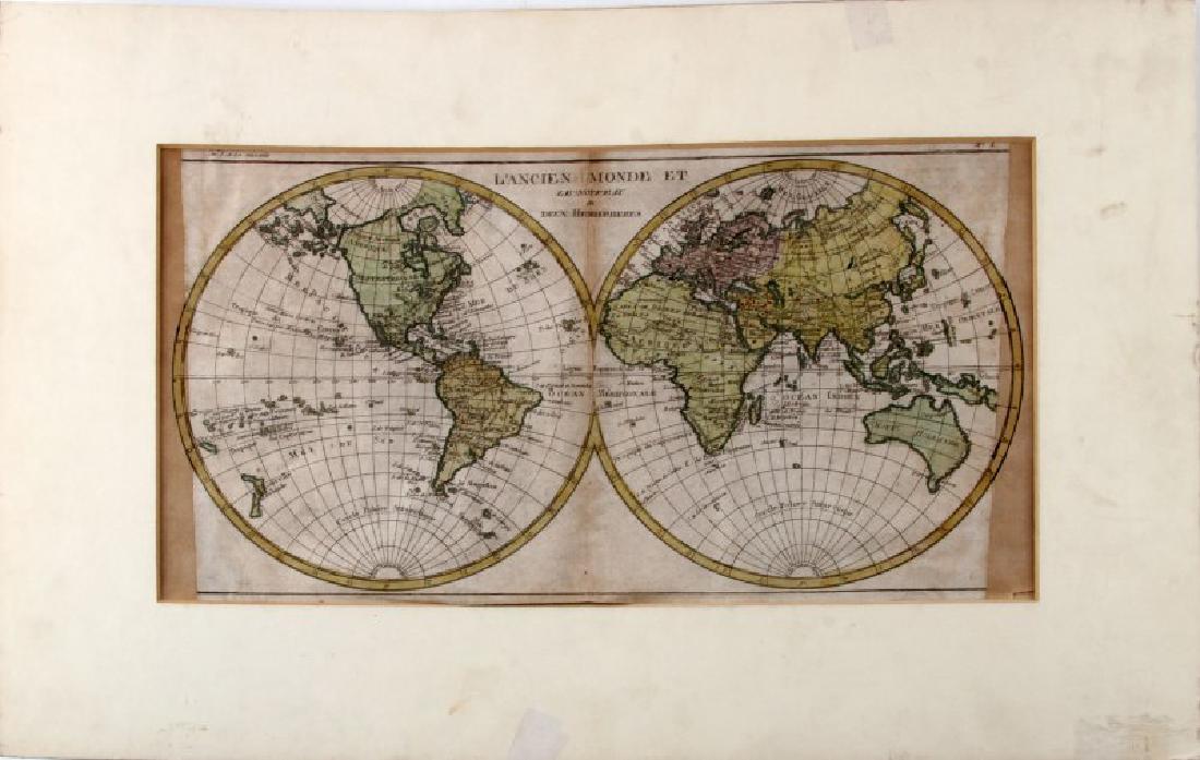 19TH CENTURY FRENCH MAP OF OLD AND NEW WORLD: French map of the Old and New Worlds from the early 19th century, probably around 1811 because of the presence of Paraguay. In very good condition with some staining from age. No major tears or holes 