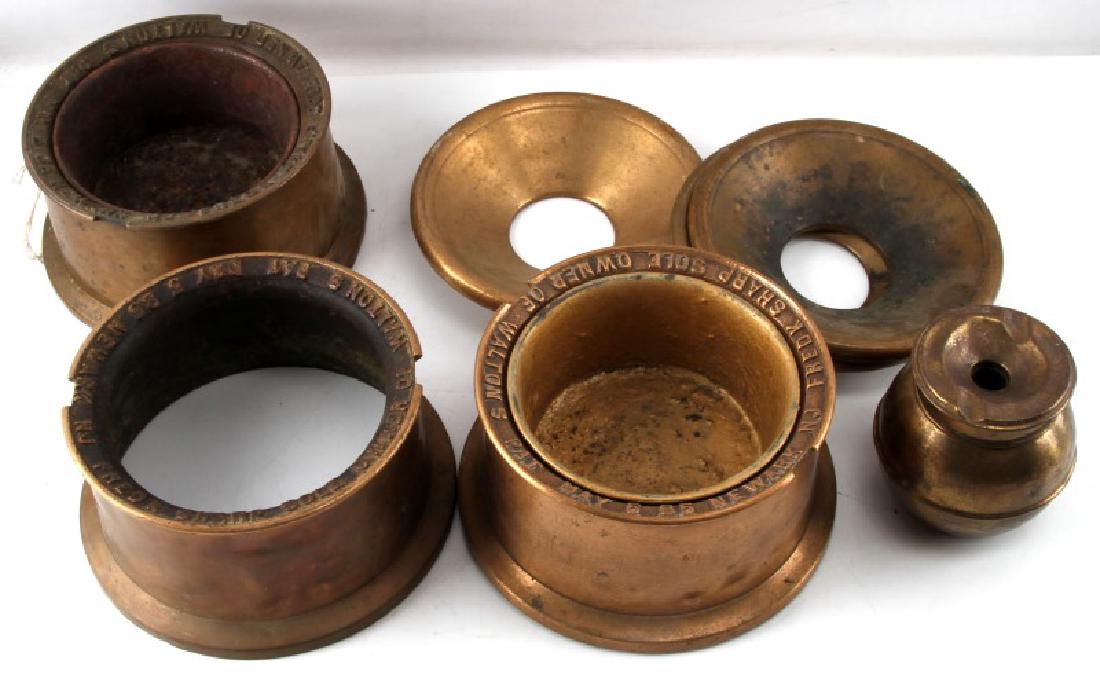 ANTIQUE 1885 PAT. BRASS SPITTOON CUSPIDOR LOT OF 3: One of the spittoons is missing weighted bottom and under the lid of all three is maker stamped "Pat. May 5 85 Newark N.J. Fred K. Sharp Owner of Walton's" . Weighted bottoms, also a brass cigar ash t