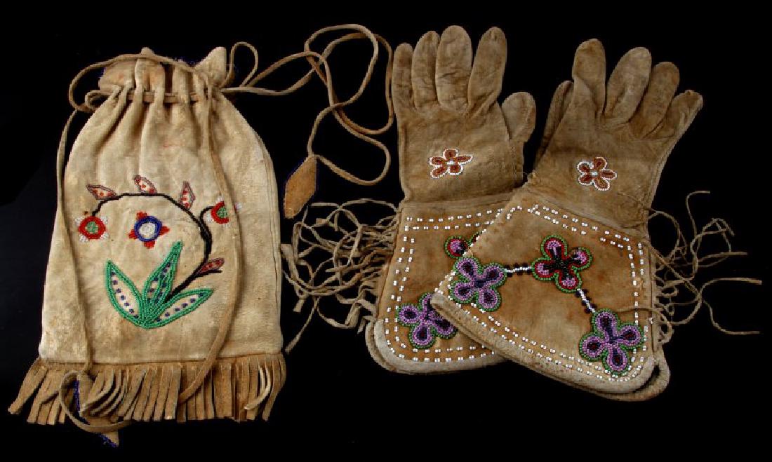 ANTIQUE CROW INDIAN LEATHER BEADED GLOVES & BAG: Authentic Crow Indian leather bag and gloves with hand beaded floral pattern in very good condition Pre 1940's with minor loss of bead work and some wear consistent with age.