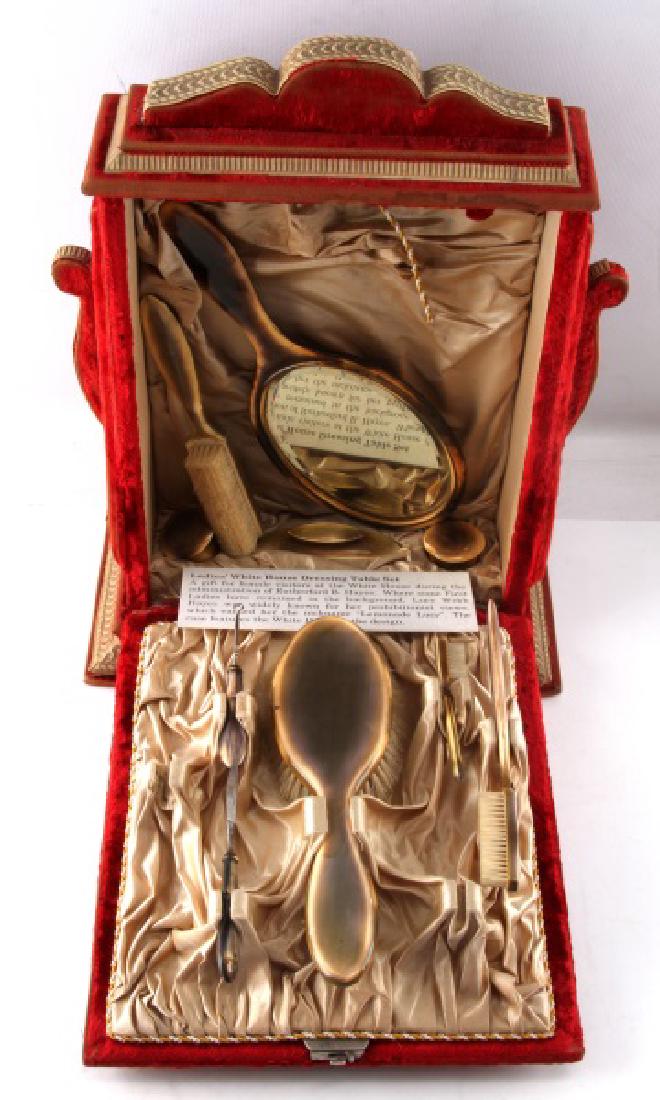 ANTIQUE WHITE HOUSE GUEST VANITY GIFT BOX SET: Restoration Period United States White House guest table top vanity and grooming gift set during Presidency of Rutherford B. Hayes 1877-1881 includes hand mirror, several brushes, comb and more, handl