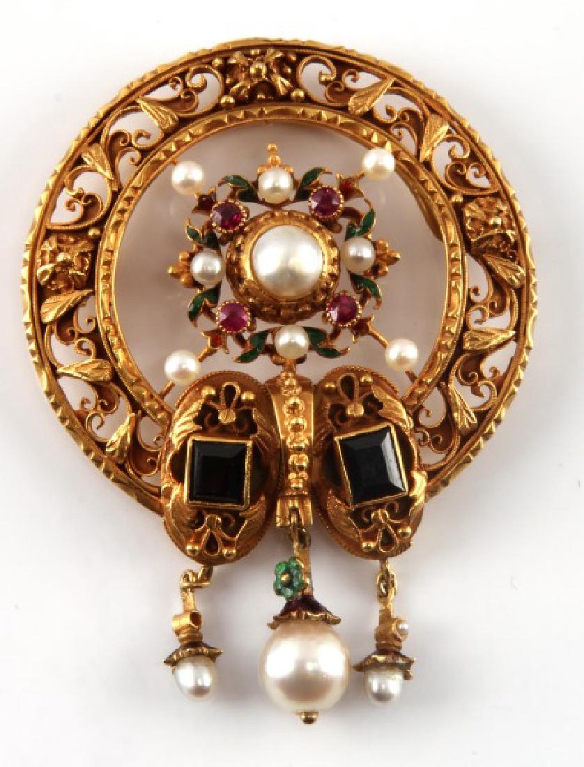 18 KT GOLD RUBY & PEARL VICTORIAN BROOCH PENDANT: Classic Victorian Brooch/Pendant with 18 KT yellow gold wreathing surrounding the floral motif center with Rubies, Pearls and enameled green leaves above onyx inlay and pearl dangles. Measurements wid