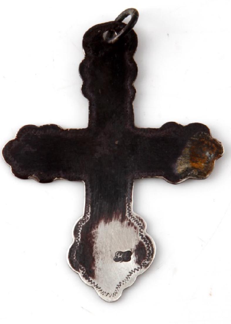 ANTIQUE NATIVE AMERICAN FUR TRADE ERA SILVER CROSS: Silver Greek cross from the fur trade with Native Americans. It bears the RC maker's mark of Robert Cruickshank of Montreal on the front. and is 2 inches in length. Ex. John Montague Collection