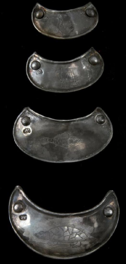 4 NATIVE AMERICAN FUR TRADE SILVER GORGET LOT: Grouping of 4, Native American Fur Trade sliver gorgets, all individually maker marked and engraved with primarily animist imagery. The 4 gorgets are arranged in graduating sizes with the first measur