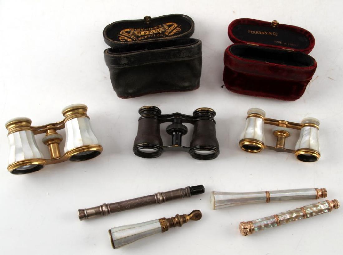 3 ANTIQUE OPERA GLASSES AND 4 HANDLES TIFFANY & CO: Antique lot includes: Tiffany & Co. brass & Mother of Pearl binoculars in original velvet case (France), C.W. Haskins brass & Mother of Pearl binoculars (New Bedford, MA - no case), and L.M. Prince st