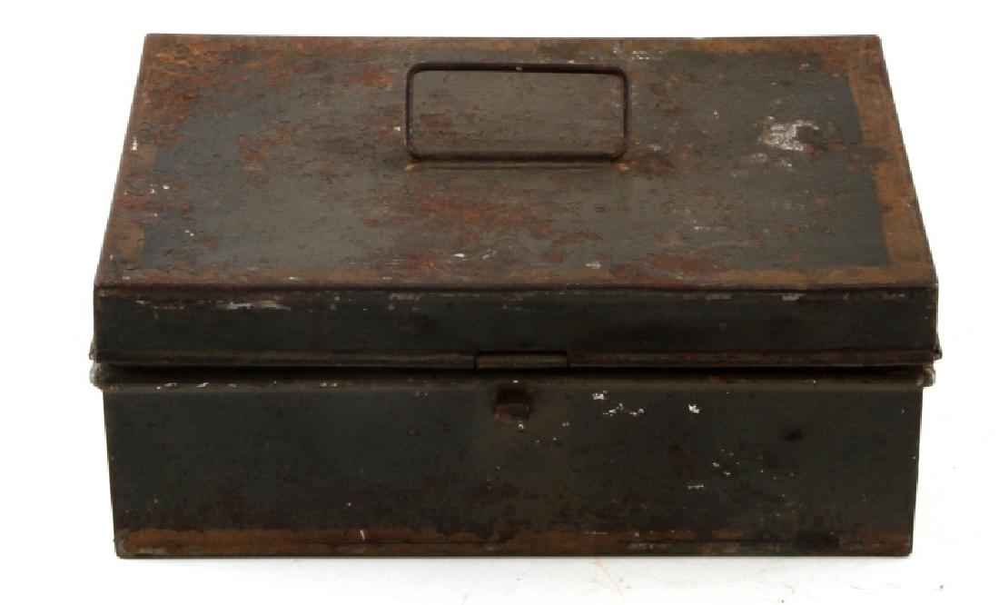 19TH CENTURY SPICE TIN WITH CANISTERS INSIDE: Metal 19th century spice tin. Inside displays 9 marked canisters. Canister markings include Cinnamon, Clove, All Spice, Ginger and 2 unmarked. Measures 9 1/4"x 3 3/4"x 6 1/4". Good condition with rela