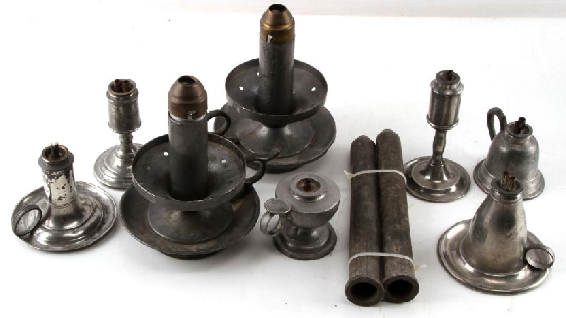 ANTIQUE PEWTER WHALE OIL LAMPS & CANDLE HOLDERS: Lot includes 2 weighted spring loaded candle holders, 2 candle molds and 6 various oil lamps including whale oil lamps.