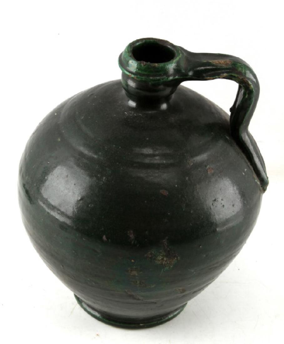 ANTIQUE 19TH CENTURY REDWARE EARTHEN GREEN JUG: Acquired from a farm in New England, purely utilitarian and built to last, rich dark green, stands 11 inches and is very good.