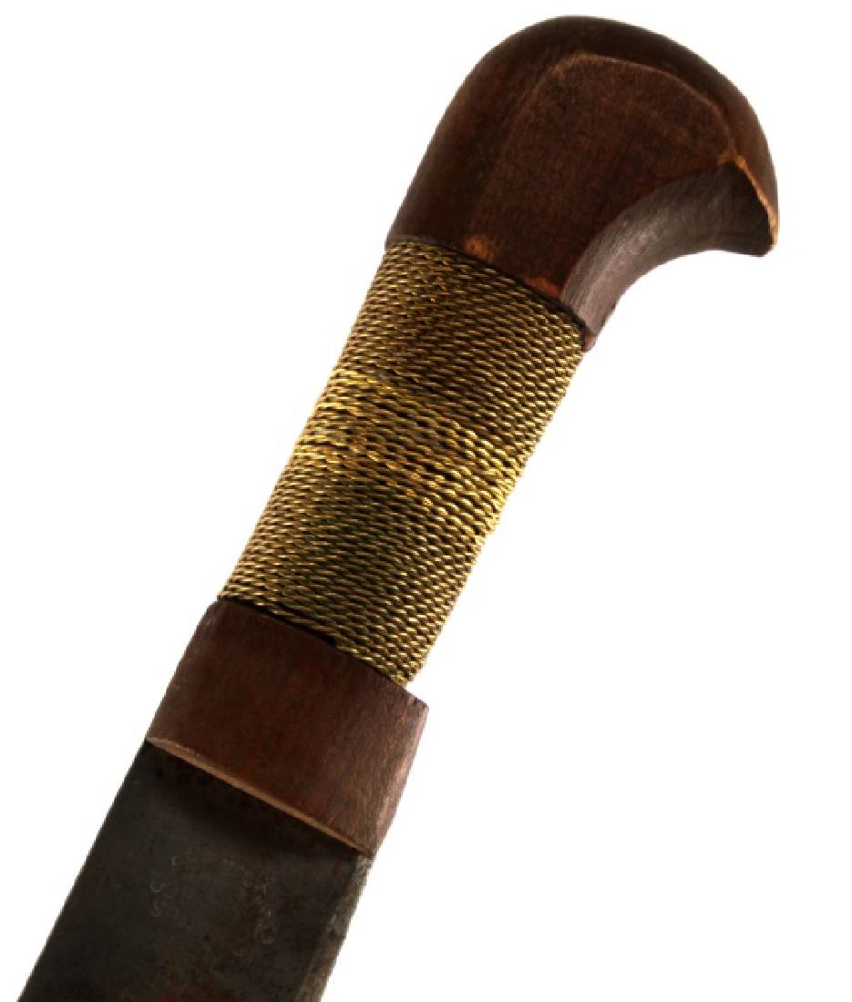 COLLINS & CO. HARTFORD USA MACHETE WITH SCABBARD: Blade measures 21 5/8 inches and tarnishing as expected with age, scabbard has belt holder and minor wear from usage, wooden hilt, overall in good condition