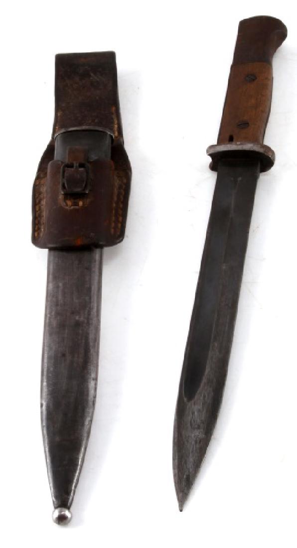 WWII GERMAN THIRD REICH K98 BAYONET WITH FROG: German K98 bayonet, with steel sheath and leather frog. Bayonet has "4asw " on the left of the ricasso, and "0265" on the right. Sheath has no visible markings. Overall all pieces are in very good con