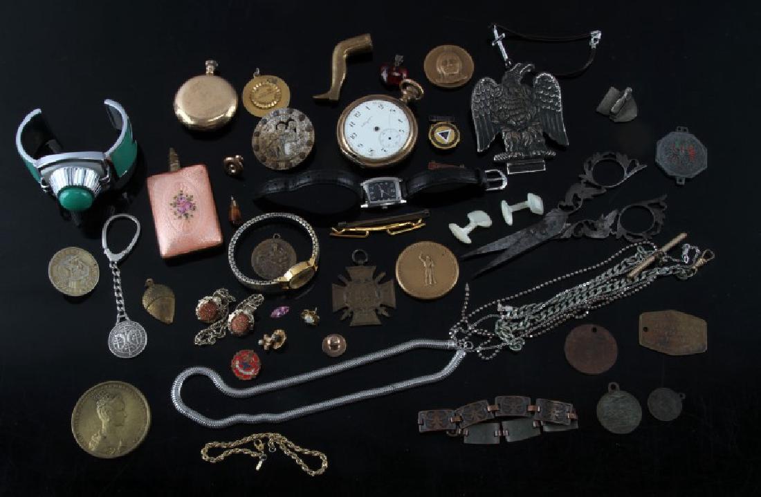 ANTIQUE COLLECTIBLE LOT WATCH MEDALS AND MUCH MORE: Includes a perfumer less stick, medals and military badges non working Elgin and a Waltham pocket watches Victorian pewter scissors and much more.