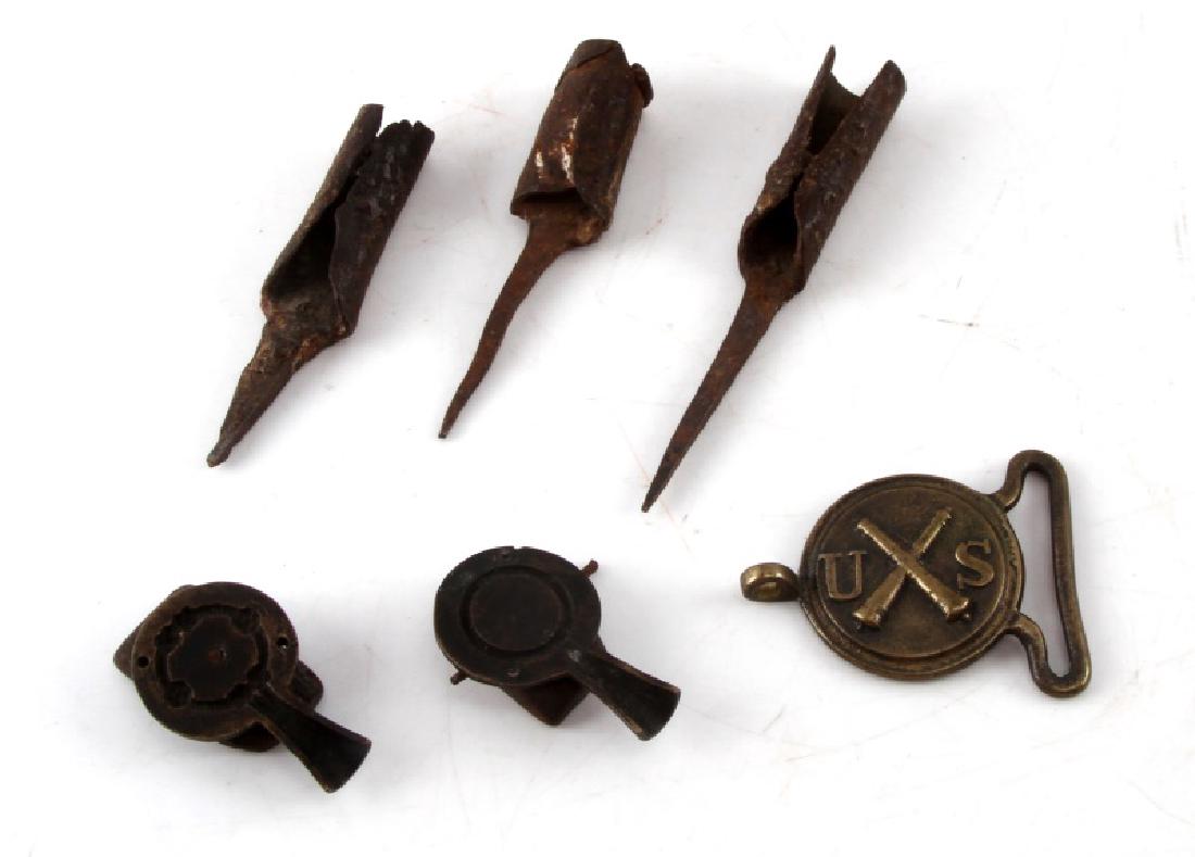 LOT OF 3 EARLY AMERICAN & UK MILITARY ARTIFACTS: One (2) 5/8" brass U.S. "crossed canon" belt buckle, one (1) brass and wood English buckle mould, and three (3) Revolutionary War (or later) soldier's candle stick holders (ranging from 3 1/2"-4 5/8")