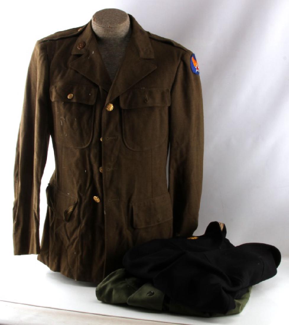 3 US MILITARY JACKETS SHIRTS MARINE CORPS NAVY: Three military jackets: one USMC 1986 small green shirt, 42L Army jacket with wing patch, and small Navy pullover. Condition varies. U NOL
