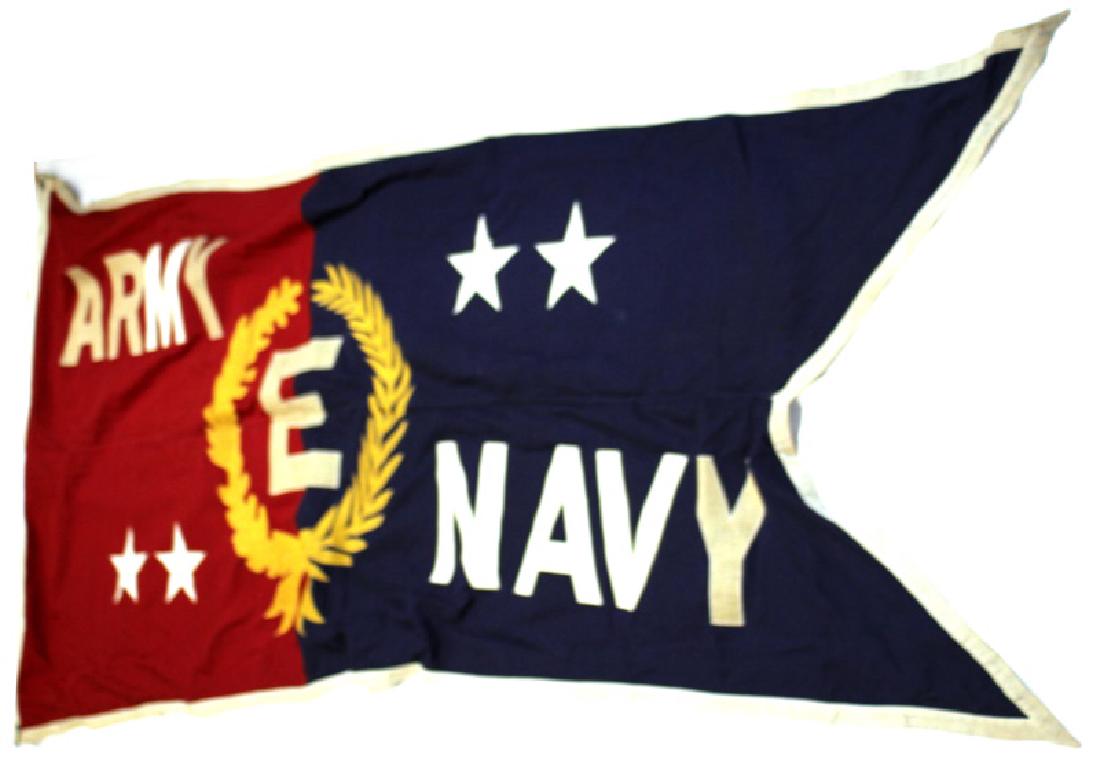 WWII US ARMY NAVY EXCELLENCE AWARD PENNANT FLAG: Army-Navy "E" Award, also known as the Army-Navy Production Award, awarded to producers of war equipment who had achieved a rating of "E", meaning "Excellence in Production". Measures roughly 97 inche