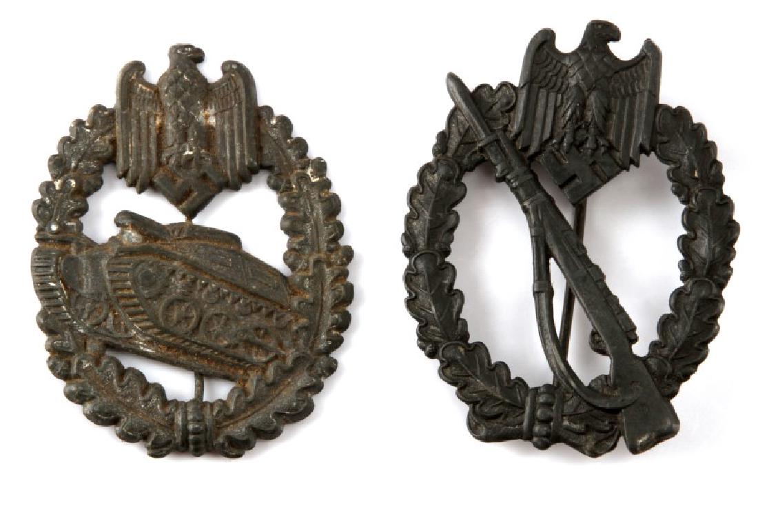WWII GERMAN 3RD REICH PANZER & INFANTRY BADGE LOT: Panzer badge only has one prong top one is missing otherwise very good condition. No visible markings on the back. Infantry badge has vertical straight pinback. In very good condition with no visible 