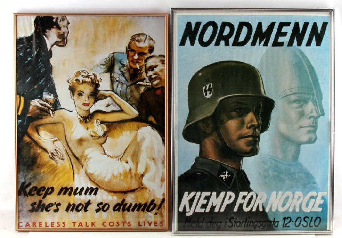 WWII GERMAN THIRD REICH MILITAY PROPOGANDA POSTER: Vintage post war reproductions of German Military Propaganda framed measurements: Nordmenn 28x20.5 inches and " Keep mum she not dumb" 27x19 inches. Both in good condition