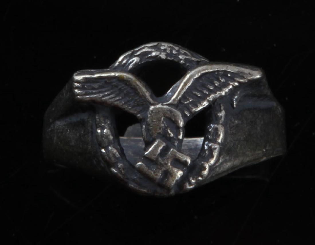 GERMAN WWII TR LUFTWAFFE PILOT SILVER RING: Has silver/maker's mark. Overall in very good condition. Unauthenticated sold as is. This lot has a reserve.