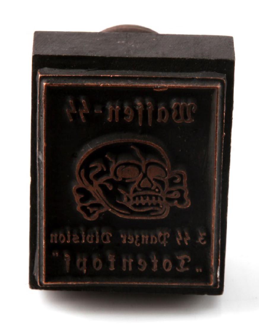 GERMAN WWII WAFFEN PANZER DIV TOTENKOPF HAND STAMP: Some wear and discoloring present to. Overall in very good condition. Unauthenticated, sold as is. This lot has a reserve.