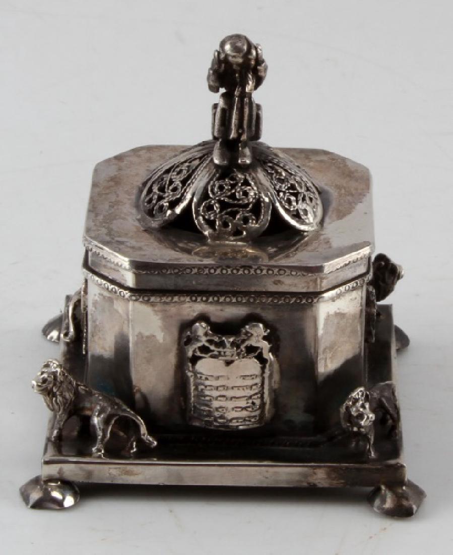 RUSSIAN IMPERIAL SILVER JUDAIC TRINKET BOX: Has silver "84" and several other Russian maker's markings. Good detail and in nice condition. Some tarnish/patina. Measures approx. 3" (H) x 2 3/4" (W). Weighs 3.96 ozt. This lot has a reserve.