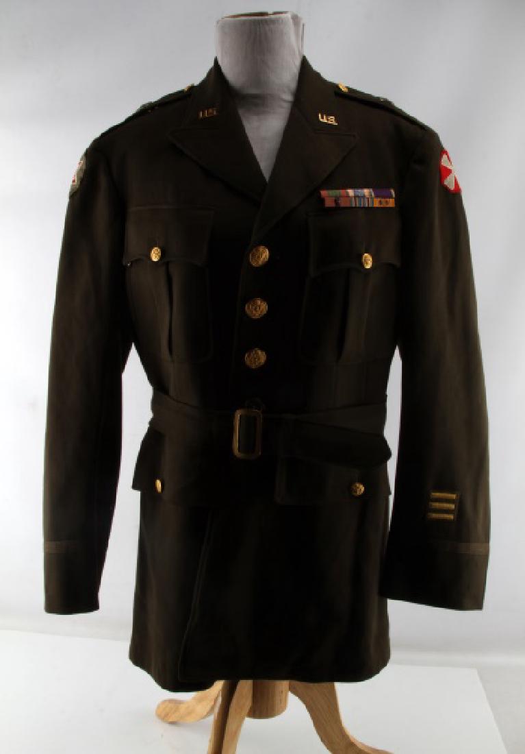 WWII US ARMY GENERAL LESLIE MCNAIR UNIFORM TUNIC: This has a four pocket officer's tunic that has a 6 place ribbon bar above the upper left pocket. Has a 6th Army shoulder patch on the upper left sleeve and an 8th Army patch on the upper right sleeve