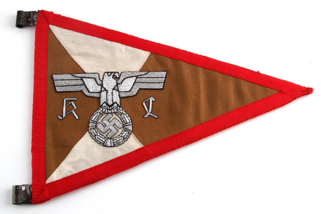 WWII GERMAN THIRD REICH NSDAP STAFF CAR PENNANT: Measures 12 3/8 inches wide by 8 7/8 inches tall. Shows a silver bullion wire eagle on four panel cotton backing. Unauthenticated sold as is.