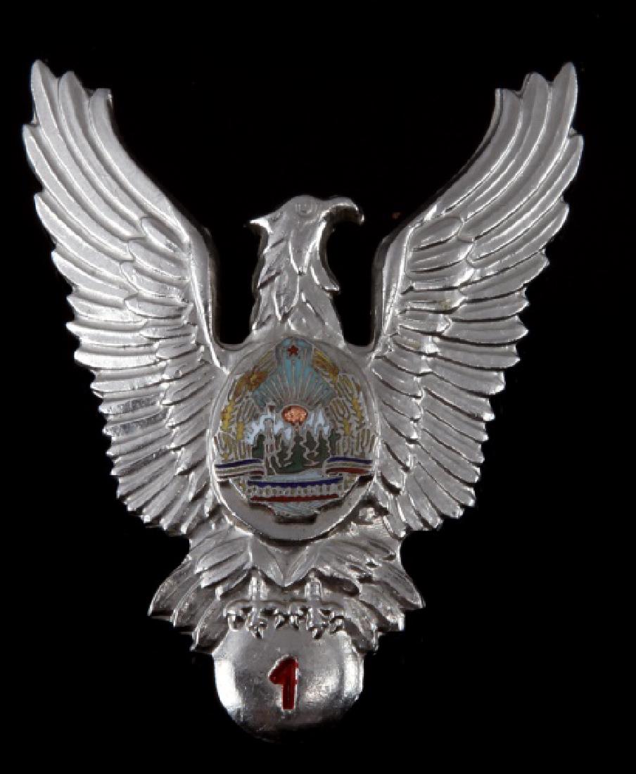 WWII GERMAN ROMANIAN AVIATOR AXIS PILOTS BADGE: Thin vertical pinback with locking catch. Nickel construction with enamel. Has the King Michael cypher in the center.