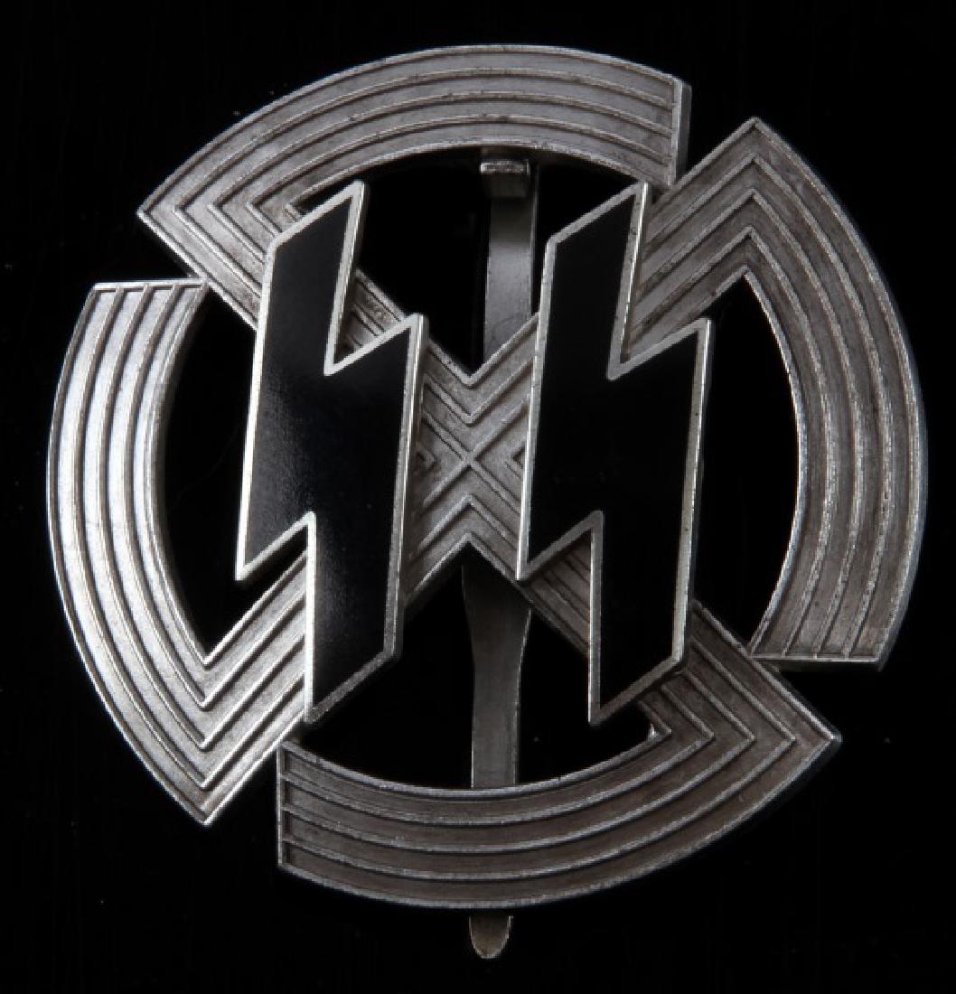 WWII GERMAN THIRD REICH WAFFEN SS SPORTS BADGE: Measures 1 15/16 inches in diameter. The reverse is marked Richard Sieper & sohn Ludenscheid RZM M1/25. Three piece nickel construction with a pair of enamel runics on the front.
