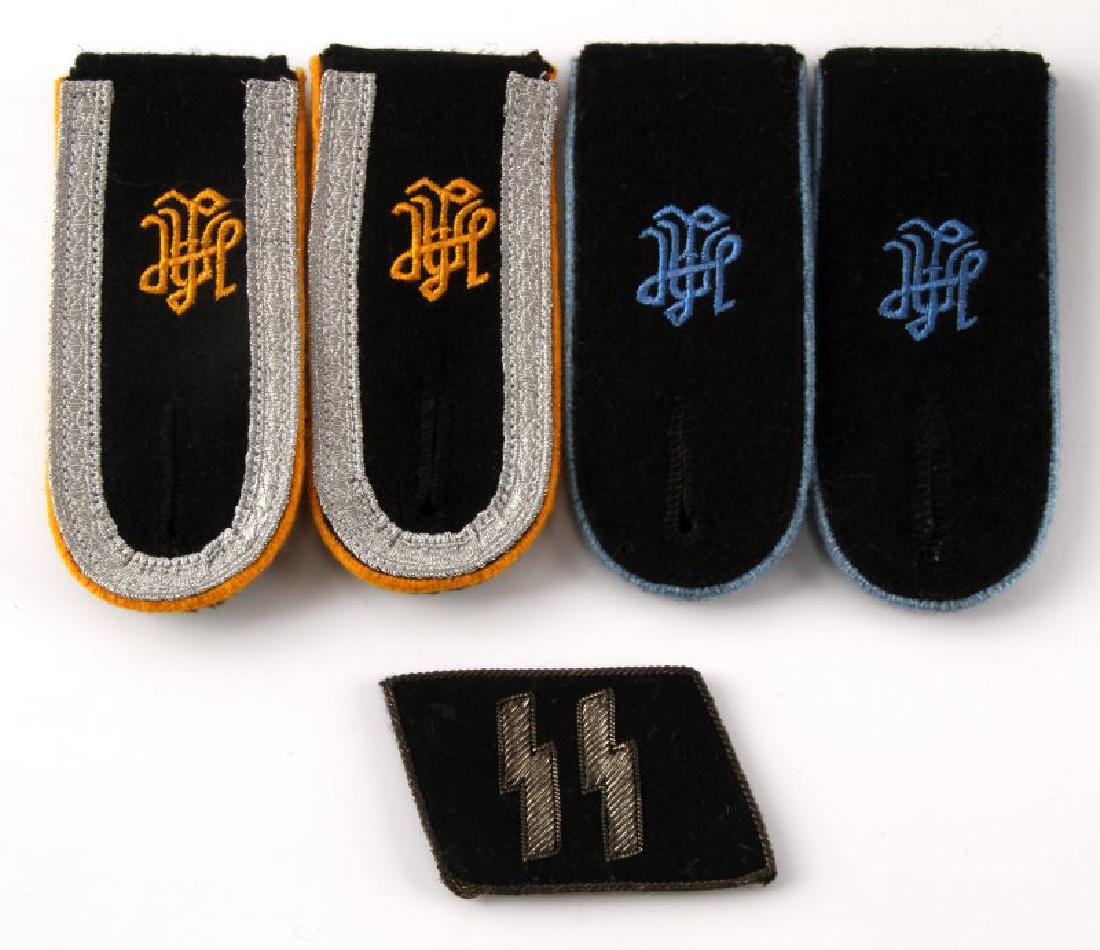 WWII GERMAN 3RD REICH WAFFEN SS SHOULDER BOARD LOT: One pair of Adolf Hitler Division NCO Cavalry shoulder boards. One pair LAH transport EM shoulder boards. They measure 1 7/8 inches wide by 8 1/4 inches long. Also included is one SS officer runic col