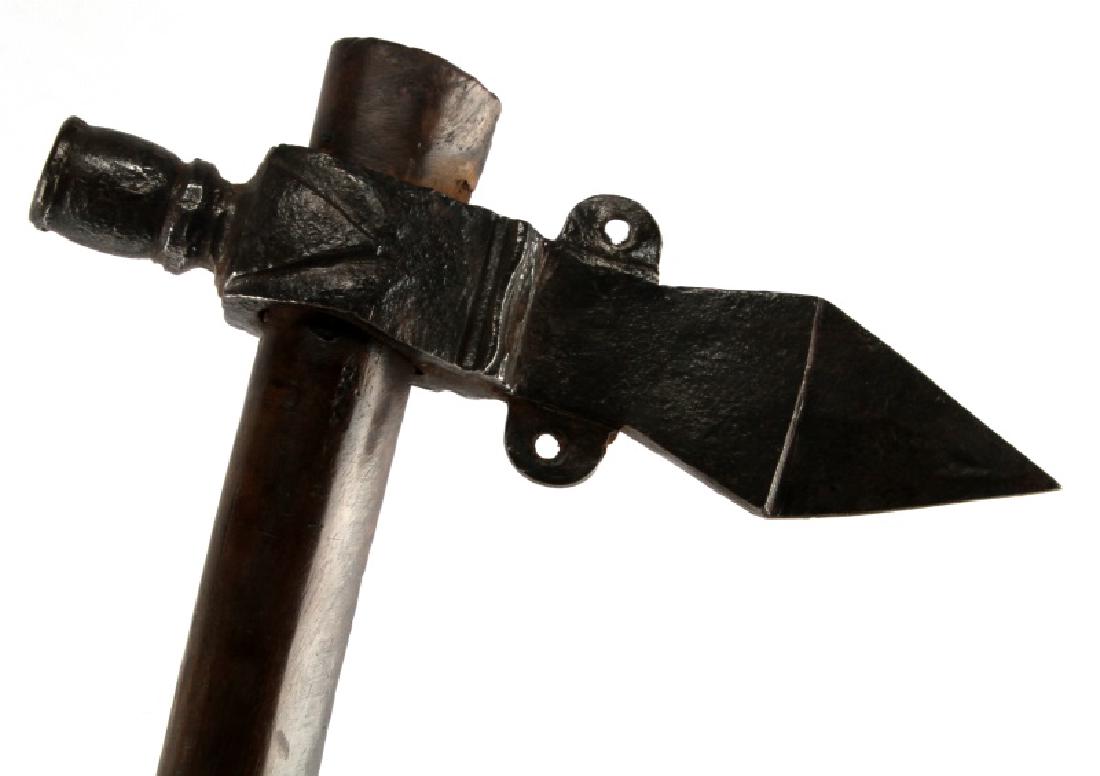 NATIVE AMERICAN FUR TRADE TOMAHAWK PIPE: Measures 17 1/2 inches tall and the axe head is 9 inches wide. In very good condition. No makers marks.