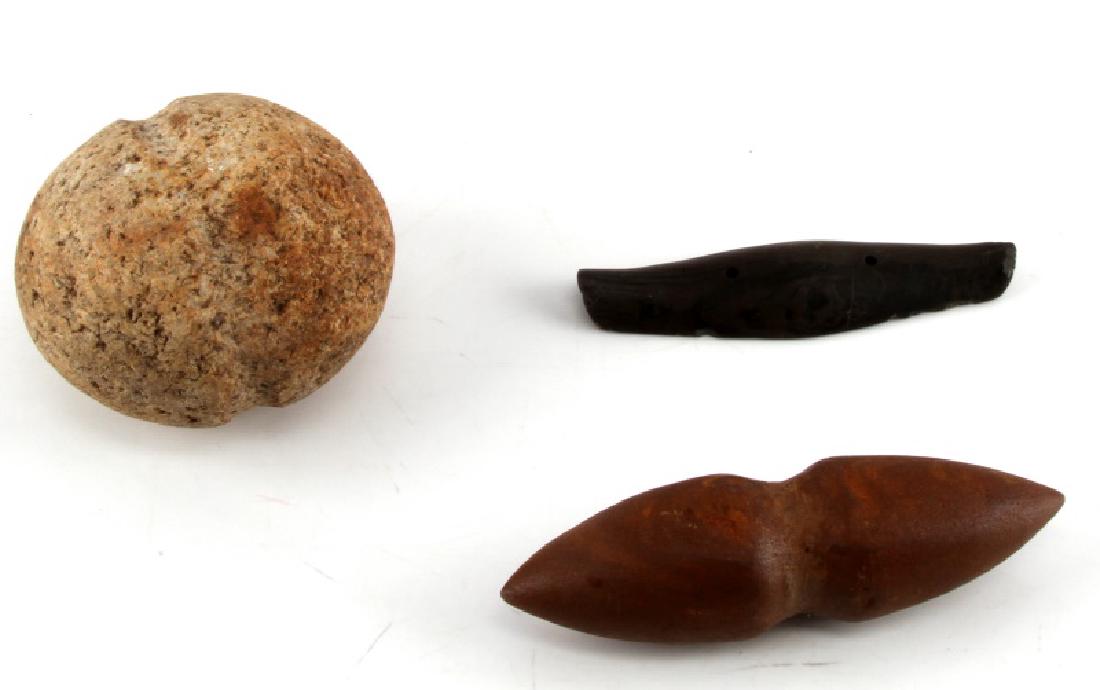 3 PIECE MIXED ARTIFACT LOT GORGET WEIGHT PLUMMET: 3 stone artifacts: one round grooved granite weight (4.5 inch), one gray banded slate gorget with scratches and loss (5.5 inch), and one orange brown plummet with indentation to center (6.5 inch). Fai