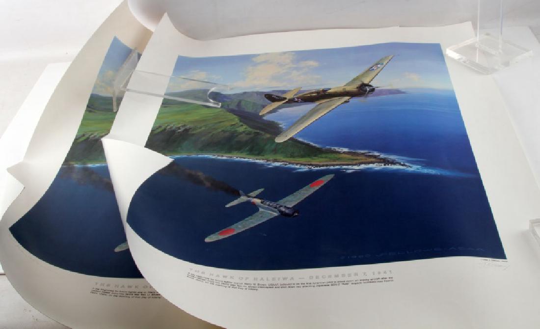 LTD ED WWII HAWK OF HALEIWA LITHOGRAPH SIGNED BY 2: This lot contains TWO (2) of the same 1990 limited edition lithographs of "The Hawk of Haleiwa (December 7, 1941)". Hand signed by WWII fighter ace Lt. Harry W. Brown - the first American pilot to sho