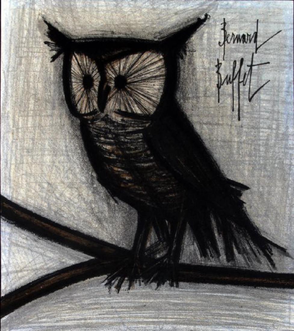 SIGNED BERNARD BUFFET SMALL OWL LITHOGRAPH: Signed in the plate lithograph of "Small Owl" by Bernard Buffet (1928-1999) French painter of Expressionism and a member of the anti-abstract art group "L'homme Témoin". Measurements are 9 1/2 by 12