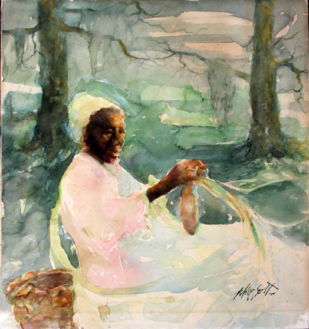 ALICE SCOTT AMERICAN SOUTH WATERCOLOR PAINTING: Alice Scott (1924-2005) known for her depictions of the American South. Signed and dated LR corner Provenance: direct from family. Measurements are 16 by 12 1/2 inches This lot has a reserve.