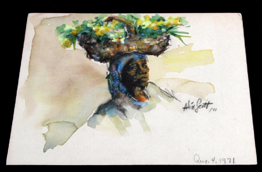 ORIGINAL SIGNED ALICE SCOTT WATERCOLOR PAINTING: Classic American South watercolor painting by Alice Scott (1924-2005). Measures 7 by 9 1/4 inch. In good condition Signed on Obverse, LR corner, and Reverse of painting. Provenance: direct from the fa