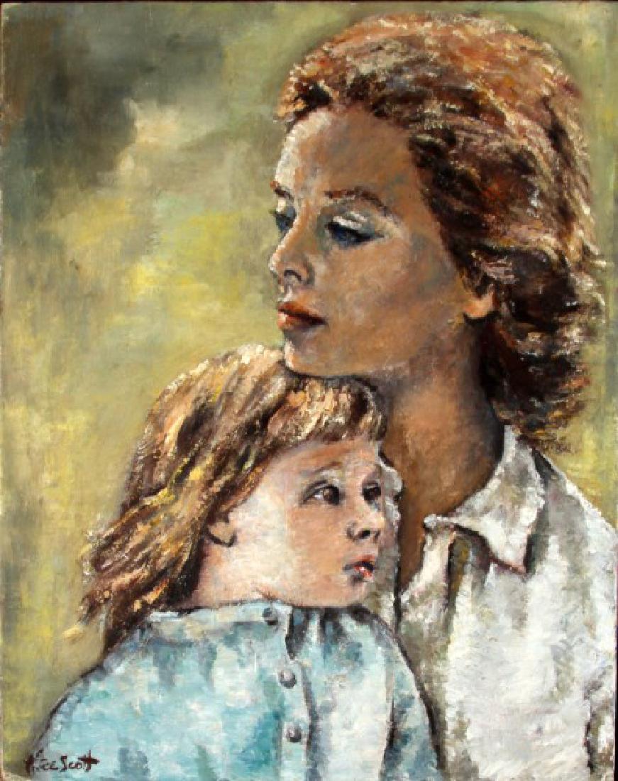 ALICE SCOTT IMPRESSIONIST PORTRAIT OIL PAINTING: "Mother and Child" by Alice Scott signed LR corner. Measurements 20 by 16 inches. Textured oil paining on board. In good condition. This lot has a reserve.