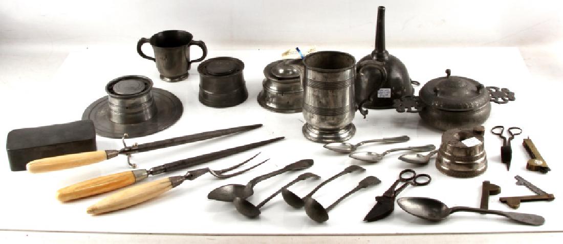 ANTIQUE 18 & 19TH CENTURY ASSORTED PEWTER LOT: Lot includes ink wells wine funnels, cups, utensils, tobacco box, dish, candle trimmers and parchment erasers.