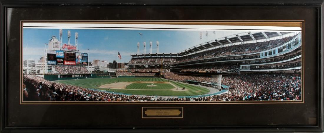 CLEVELAND INDIANS JACOBS FIELD PANORAMA FRAMED: Cleveland Indians first pitch at Jacobs Field. Framed and Matted Panoramic Photograph. This MLB panorama photo is was taken on April 4, 1994. The Cleveland Indians defeated the Seattle Mariners 4-3 in
