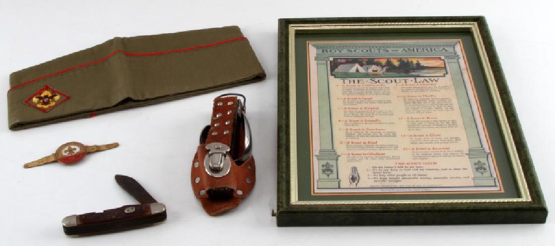BOY SCOUTS OF AMERICA VARIOUS LOT OF 5: Framed BSA "The scouts Oath" Measures 9 1/2 inches by 12 inches. 4 blade pocket knife heavy rust. Utensil knife with leather sheath. BSA hat and 50 year scarf tie.