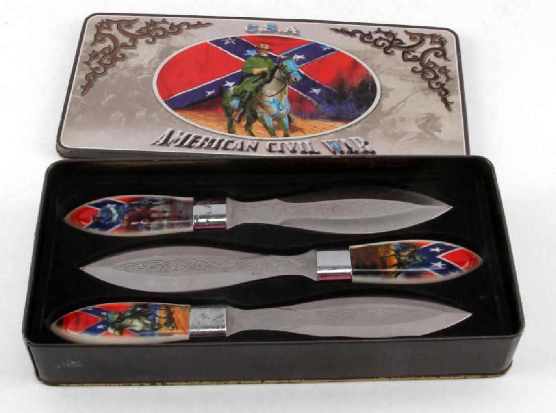 3 PIECE LOT US CIVIL WAR THEMED THROWING KNIFES: These are modern knifes with pictures on the handles depicting civil war soldiers. Each measures 9 inches with a 4 inch blade. All 3 are in very good condition. They come in a tin box but it does have