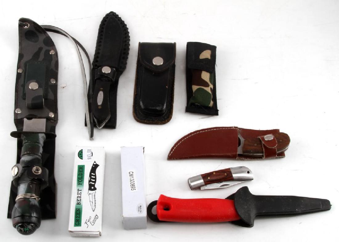 LOT OF 9 KNIFE LOT SOME POCKET SOME W HOLSTERS: Includes: clip point knife with hook, some with wooden handles, some with holsters, Japan, NRA, Taiwan, folding knives. Various sizes and condition.