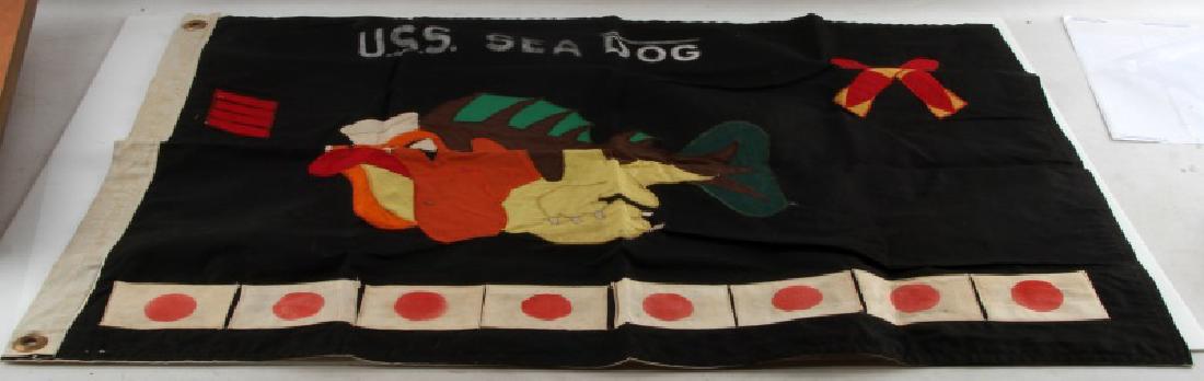 US WWII NAVY USS SEA DOG SUBMARINE KILL FLAG USN: Measures 33 1/4 inches wide by 24 1/4 inches tall. Has a beige bunting on one end with two brass grommets. Single sided. Multi-piece machine sewn cotton construction. The USS Sea Dog saw action and sa
