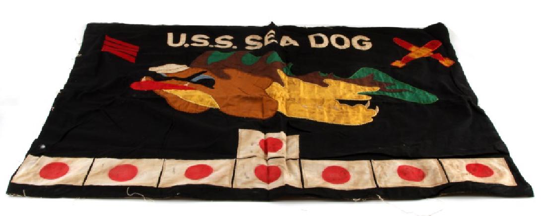 US WWII USS SEA DOG SUBMARINE KILL FLAG: Measures 29 inches wide by 22 inches tall. Has 8 small Japanese flags sewn on to it. In good condition does have some discoloration and shows signs of age. NOL