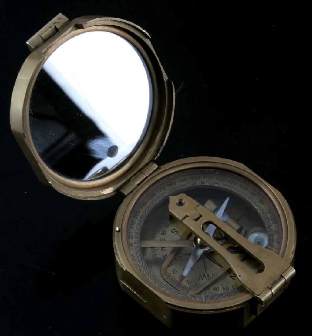 STANLEY LONDON BRASS ENGINEER COMPASS: Brass engineer compass, also called a lensatic compass, made by the British company Stanley London. In very good condition, with a bit of tarnishing to the lid.
