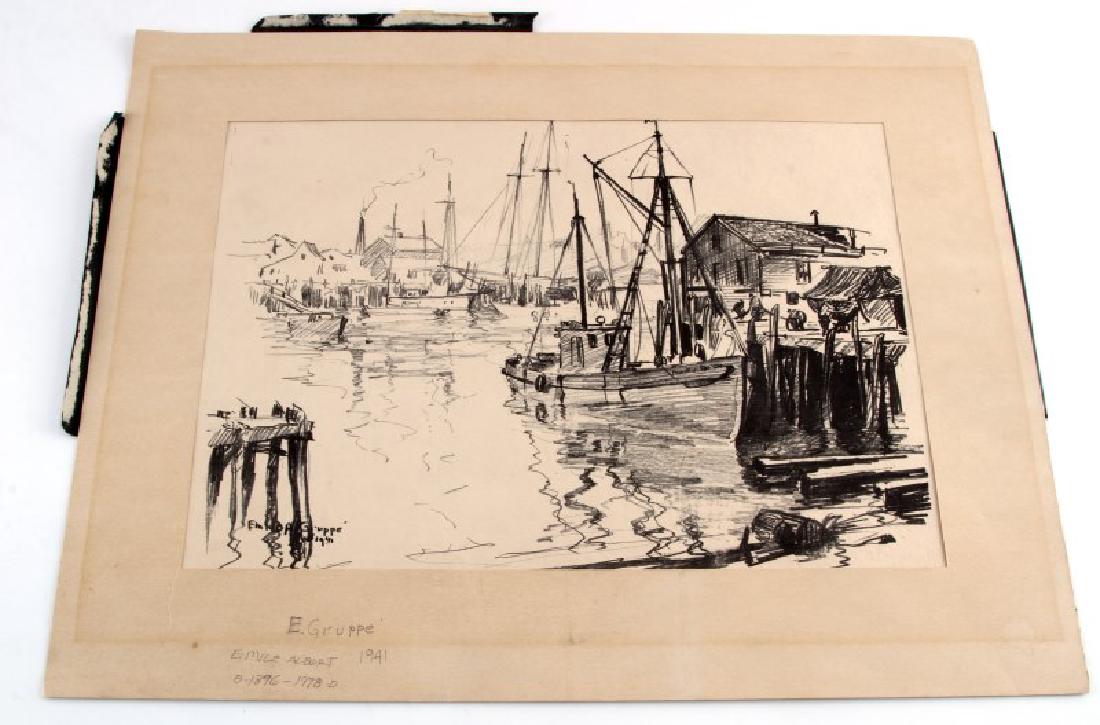 EMILE GRUPPE NAUTICAL SEASCAPE BOAT DOCK DRAWING: Original Emile Albert Gruppe (1896-1978) drawing of boat yard signed LL corner and dated 1941. In good condition. Measurements are 14 by 18 inches