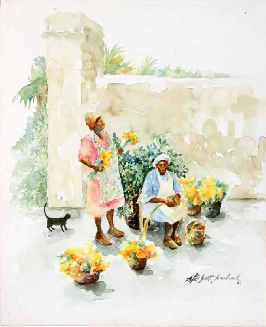 ALICE SCOTT SCANLAND WATERCOLOR PAINTINGS: Alice Scott Scanland (1924-2005), and American artist best known for her depictions of the American South. signed and dated '86 LR corner unframed measuring 20 by 16 inches with minor discoloration/ag