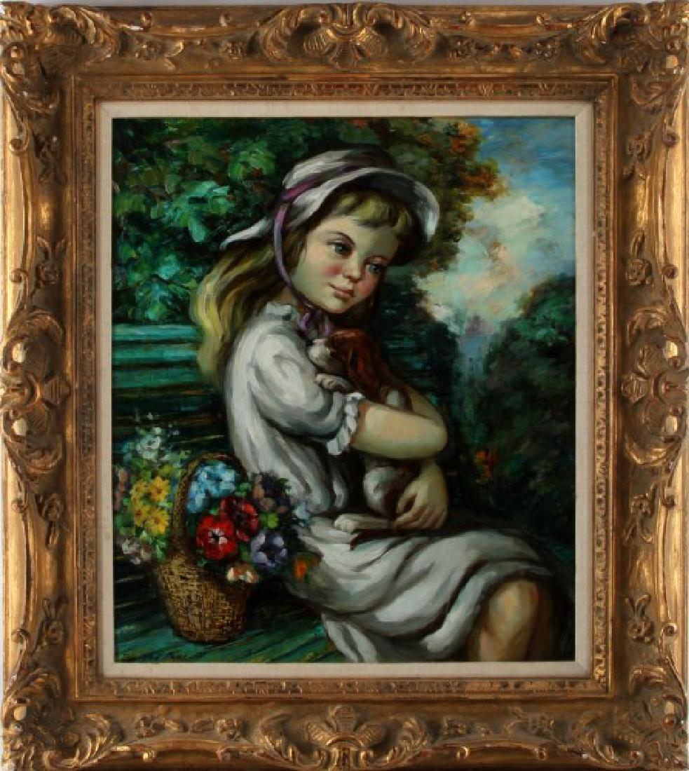 JOSE BUIGAS GIRL WITH PUPPY OIL ON CANVAS PAINTING: Spanish Artist Jose Buigas b.1927, oil on canvas in excellent condition 24x20 inches. It is framed in a 33x29 inch Baroque plaster and gold leaf frame that is in very good condition with some minor ch